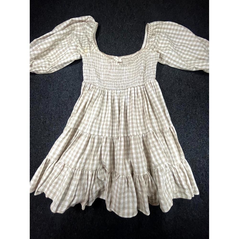 MABIE Mini Dress Women Small Gray Gingham Smocked Puff Sleeve Tiered Cottagecore